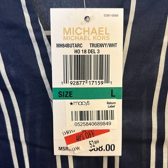 Michael by Michael Kors NWT size L navy and white strip v neck top w tie sleeve - Picture 7 of 8